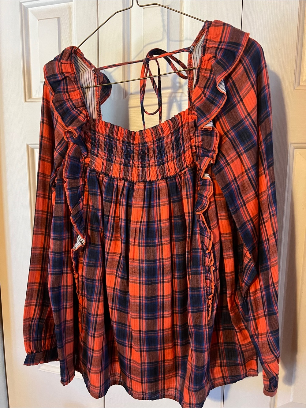 Ces Femme Red and Navy Plaid Ruffle Peasant Top